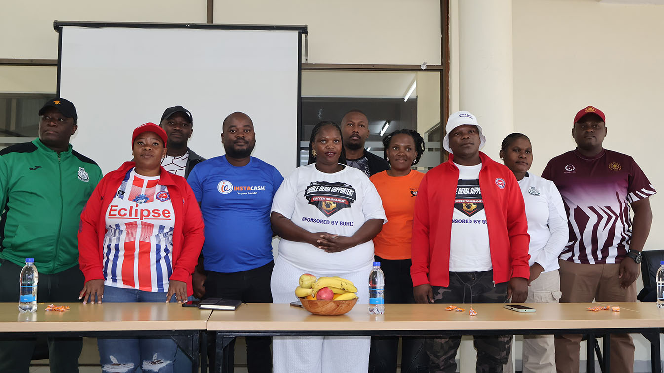 The football supporters after the launch of the 2026 Buhle Bema Supporters tournament at Sigwaca House with the founder Buhle Dlamini (C). (Pic: Machawe Fakudze)